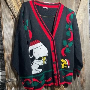 Festive Black and Red Cardigan with Snoopy Design